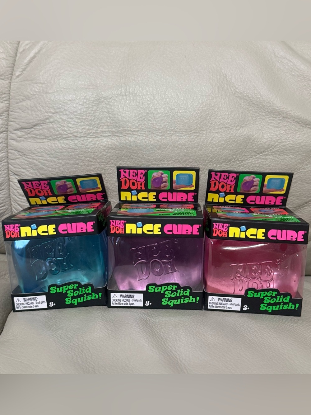 3 NeeDoh Nice Cube Super Solid Squish Stress Squishy Blue Purple Pink NEW